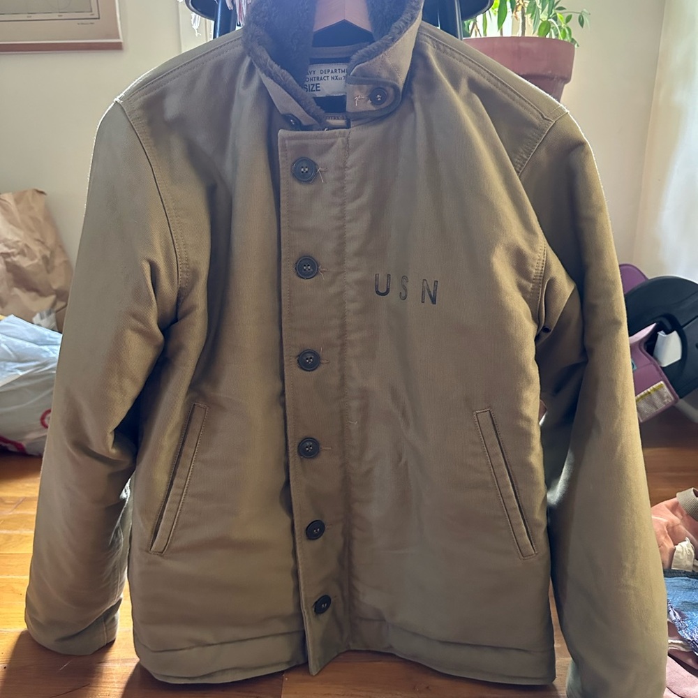 Olive Green Military-Style Field Jacket with USN Marking